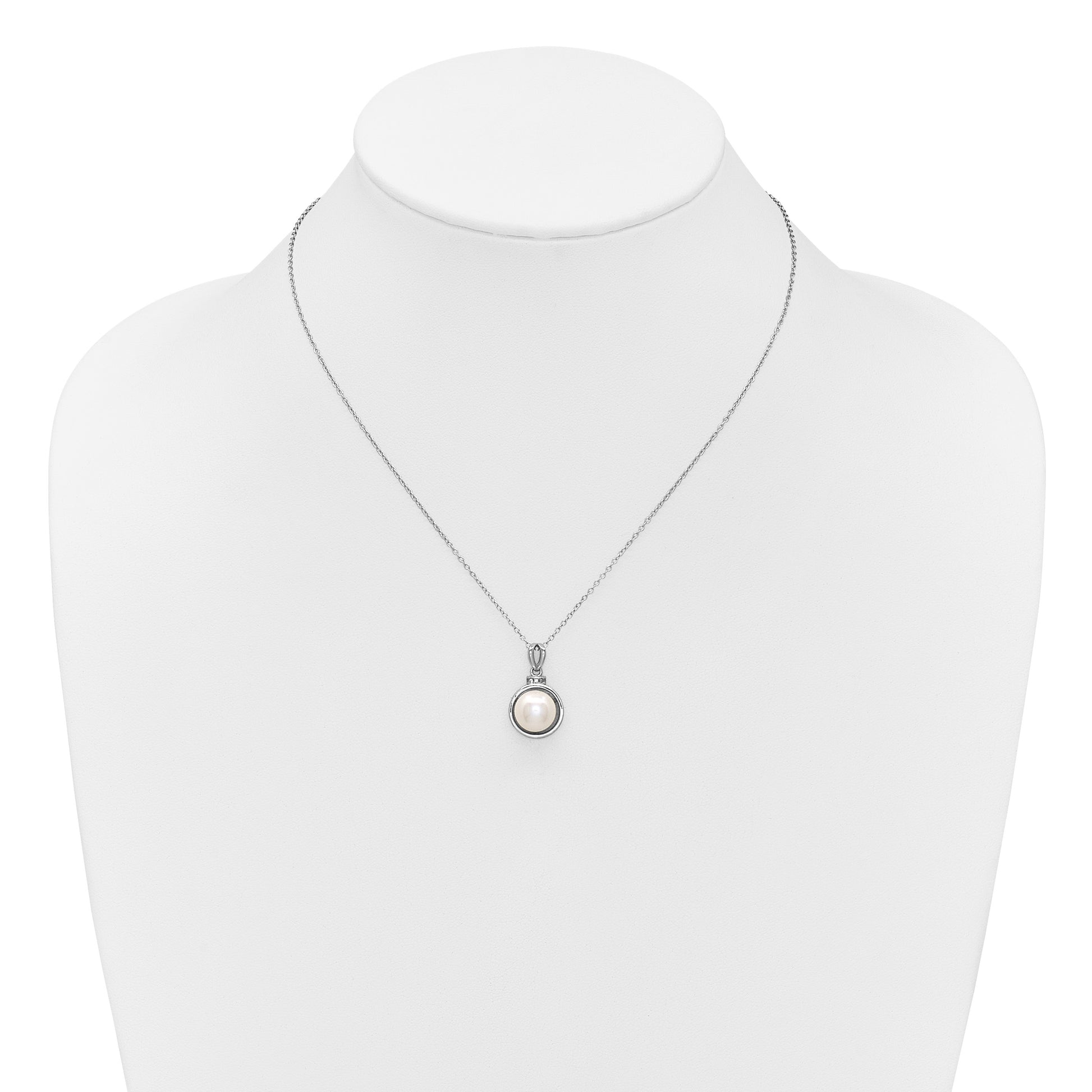 Sterling Silver Rhodium-plated 8-10mm Button White Freshwater Cultured Pearl and CZ 17 inch Necklace and Dangle Shepherd Hook Earring Set