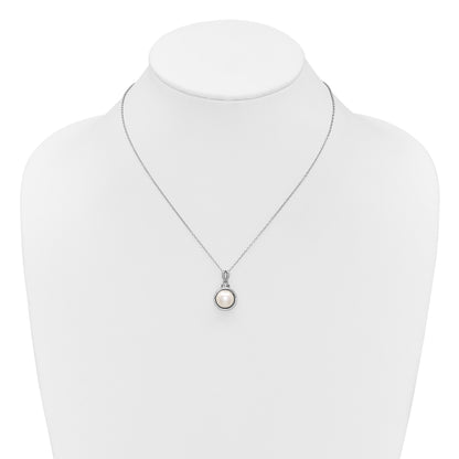Sterling Silver Rhodium-plated 8-10mm Button White Freshwater Cultured Pearl and CZ 17 inch Necklace and Dangle Shepherd Hook Earring Set