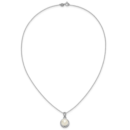 Sterling Silver Rhodium-plated 8-10mm Button White Freshwater Cultured Pearl and CZ 17 inch Necklace and Dangle Shepherd Hook Earring Set