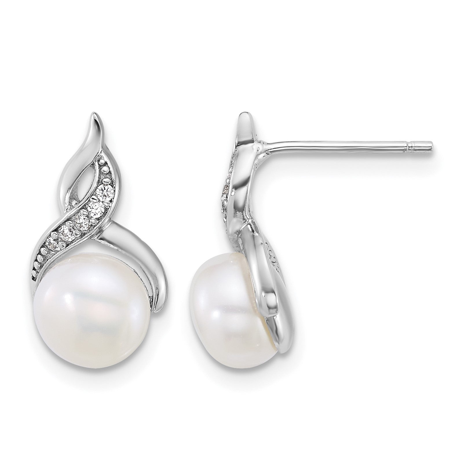 Sterling Silver Rhodium-plated 7-9mm Button White Freshwater Cultured Pearl and CZ 17 inch Necklace and Post Earring Set