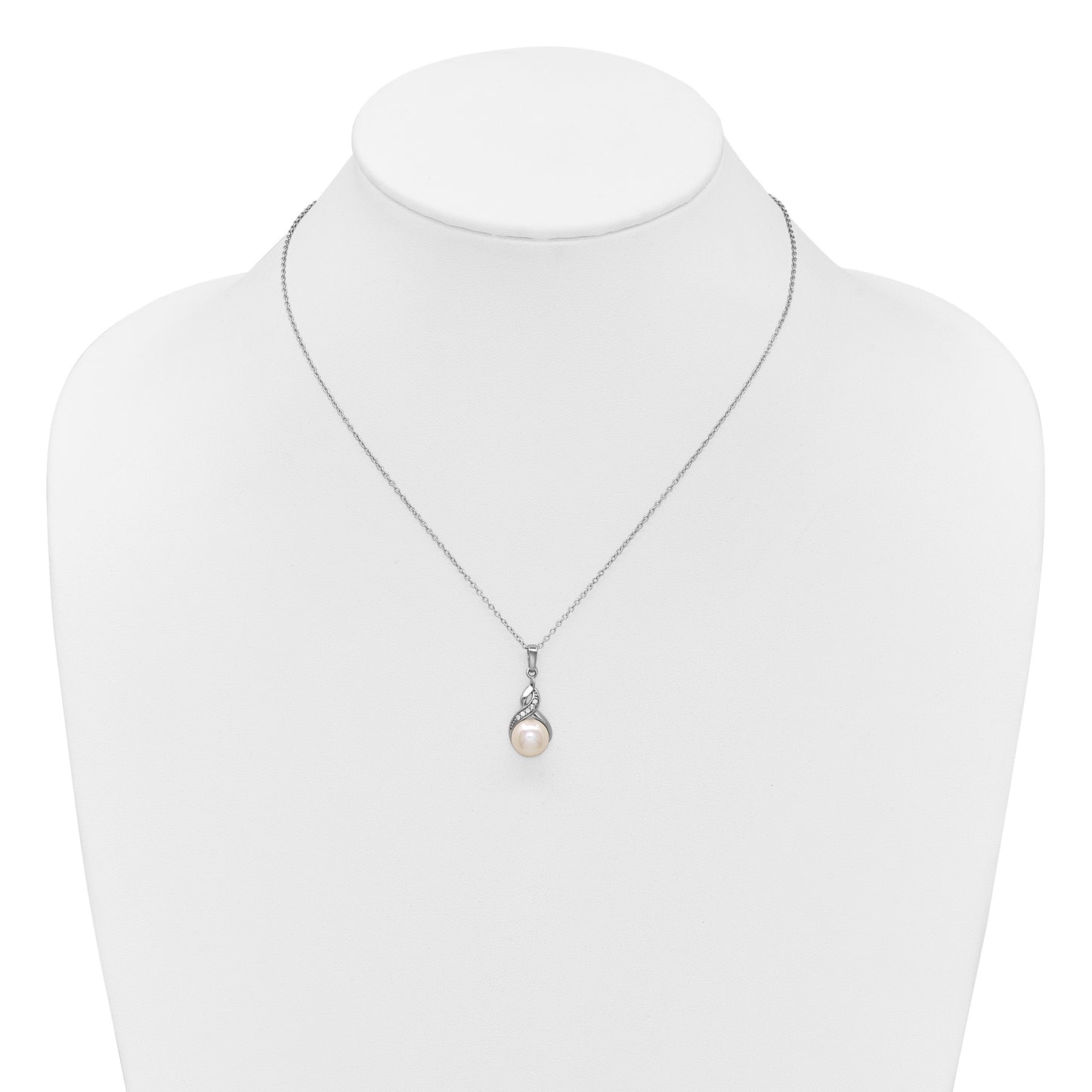 Sterling Silver Rhodium-plated 7-9mm Button White Freshwater Cultured Pearl and CZ 17 inch Necklace and Post Earring Set