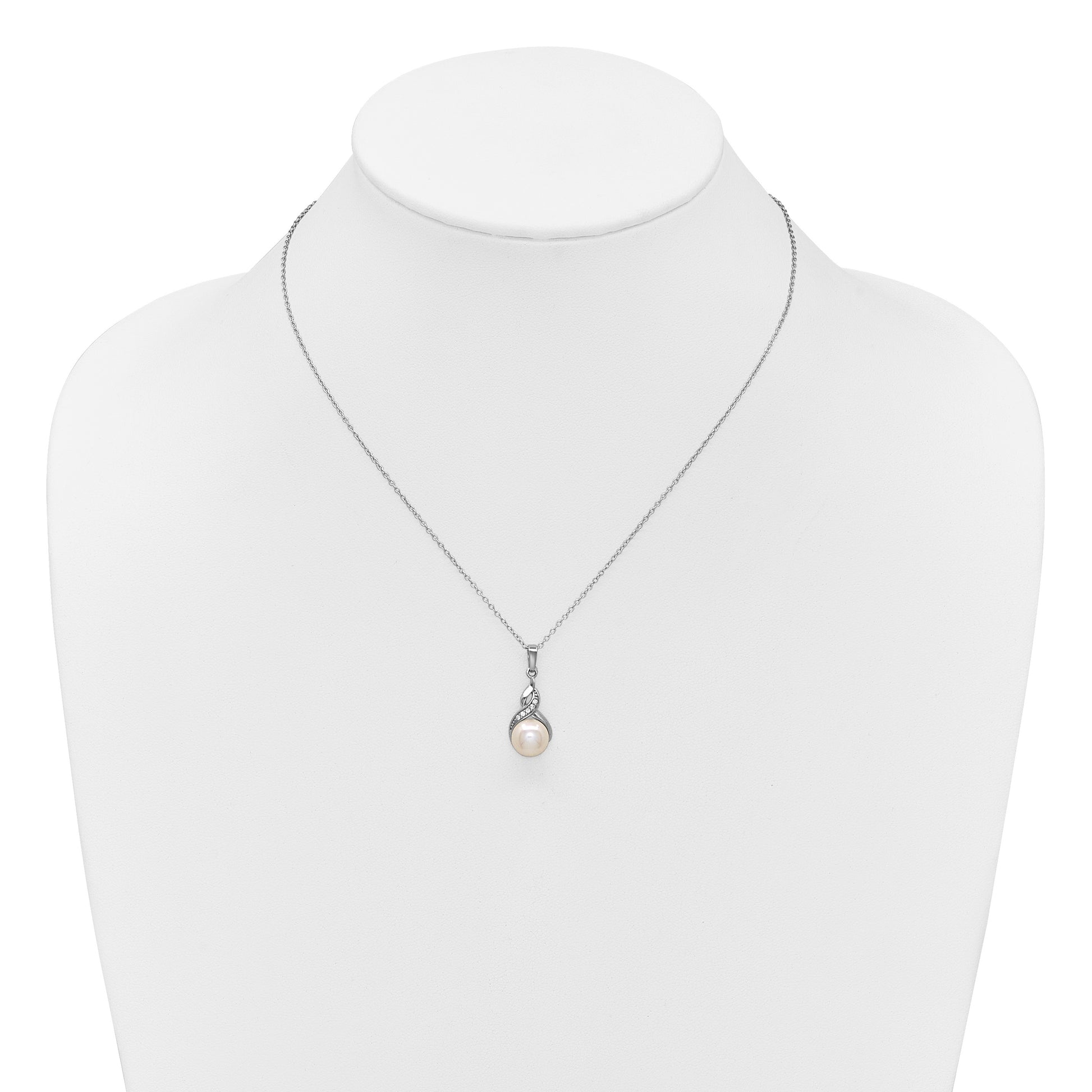 Sterling Silver Rhodium-plated 7-9mm Button White Freshwater Cultured Pearl and CZ 17 inch Necklace and Post Earring Set