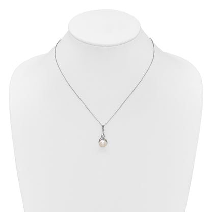 Sterling Silver Rhodium-plated 7-9mm Button White Freshwater Cultured Pearl and CZ 17 inch Necklace and Post Earring Set