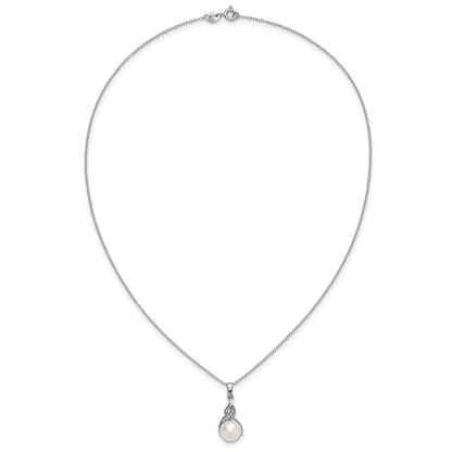 Sterling Silver Rhodium-plated 7-9mm Button White Freshwater Cultured Pearl and CZ 17 inch Necklace and Post Earring Set