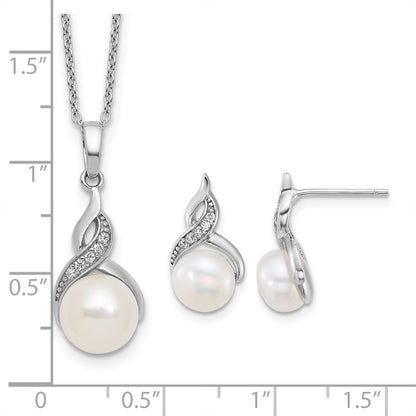 Sterling Silver Rhodium-plated 7-9mm Button White Freshwater Cultured Pearl and CZ 17 inch Necklace and Post Earring Set