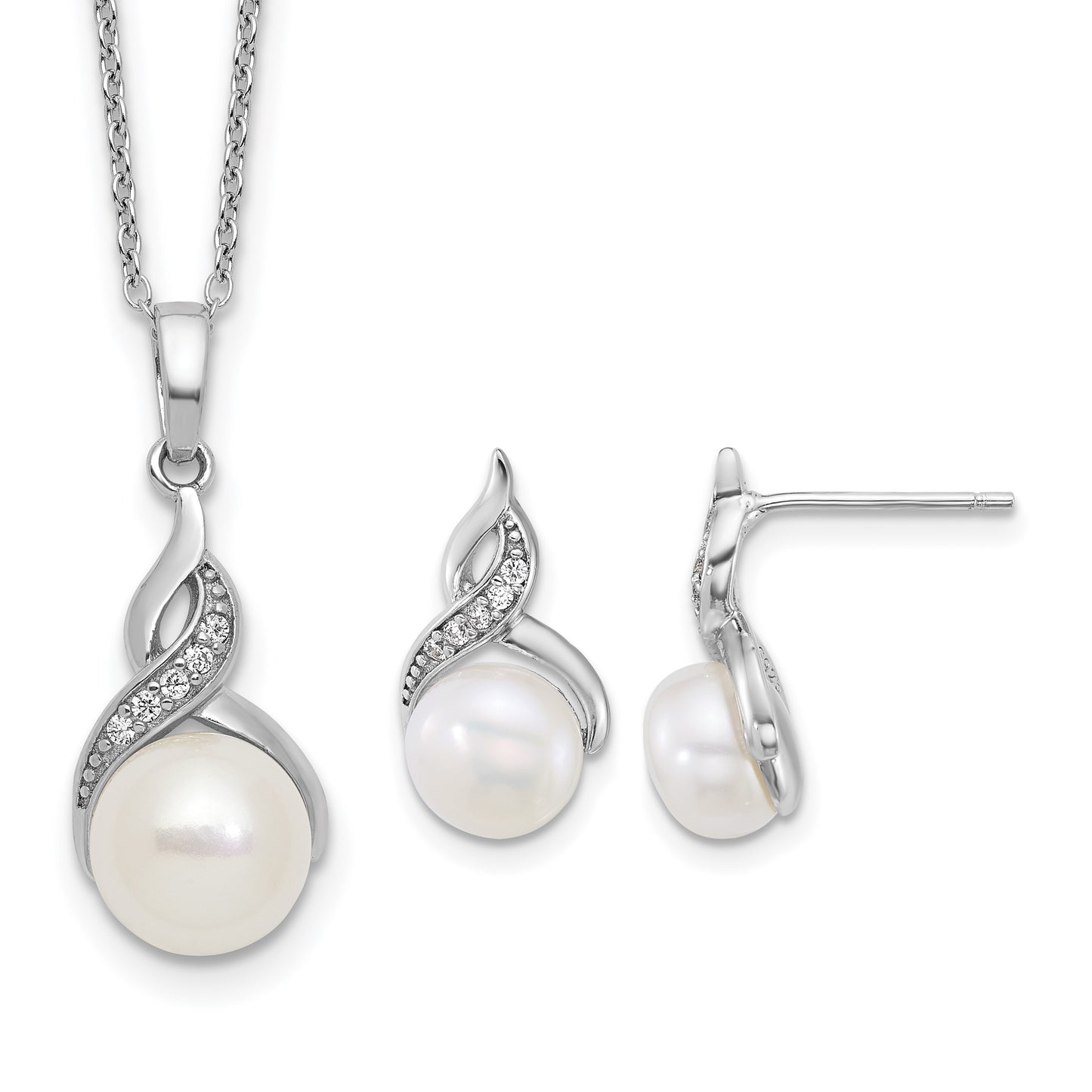 Sterling Silver Rhodium-plated 7-9mm Button White Freshwater Cultured Pearl and CZ 17 inch Necklace and Post Earring Set
