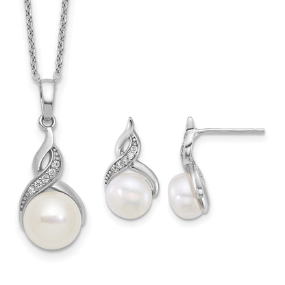 Sterling Silver Rhodium-plated 7-9mm Button White Freshwater Cultured Pearl and CZ 17 inch Necklace and Post Earring Set