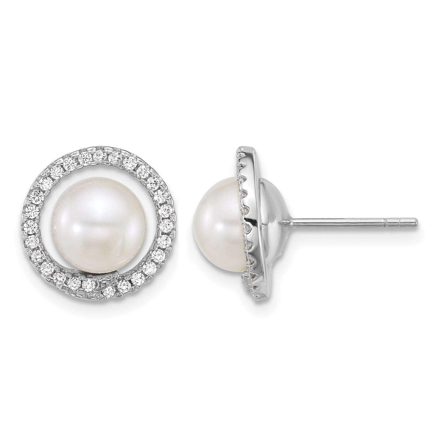 Sterling Silver Rhodium-plated 7-9mm Button White Freshwater Cultured Pearl and CZ Halo 17 inch Necklace and Post Earring Set