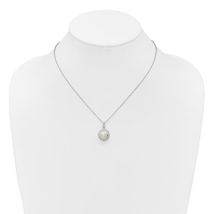 Sterling Silver Rhodium-plated 7-9mm Button White Freshwater Cultured Pearl and CZ Halo 17 inch Necklace and Post Earring Set