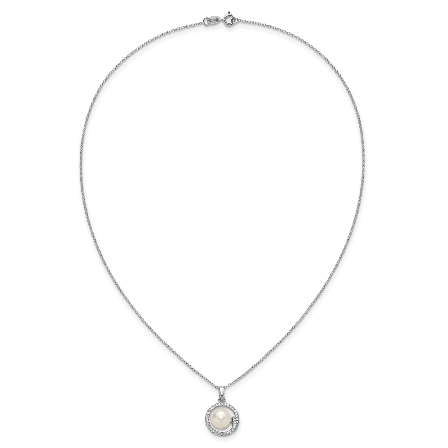 Sterling Silver Rhodium-plated 7-9mm Button White Freshwater Cultured Pearl and CZ Halo 17 inch Necklace and Post Earring Set