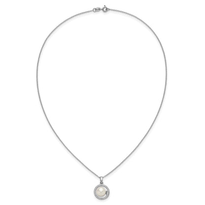 Sterling Silver Rhodium-plated 7-9mm Button White Freshwater Cultured Pearl and CZ Halo 17 inch Necklace and Post Earring Set