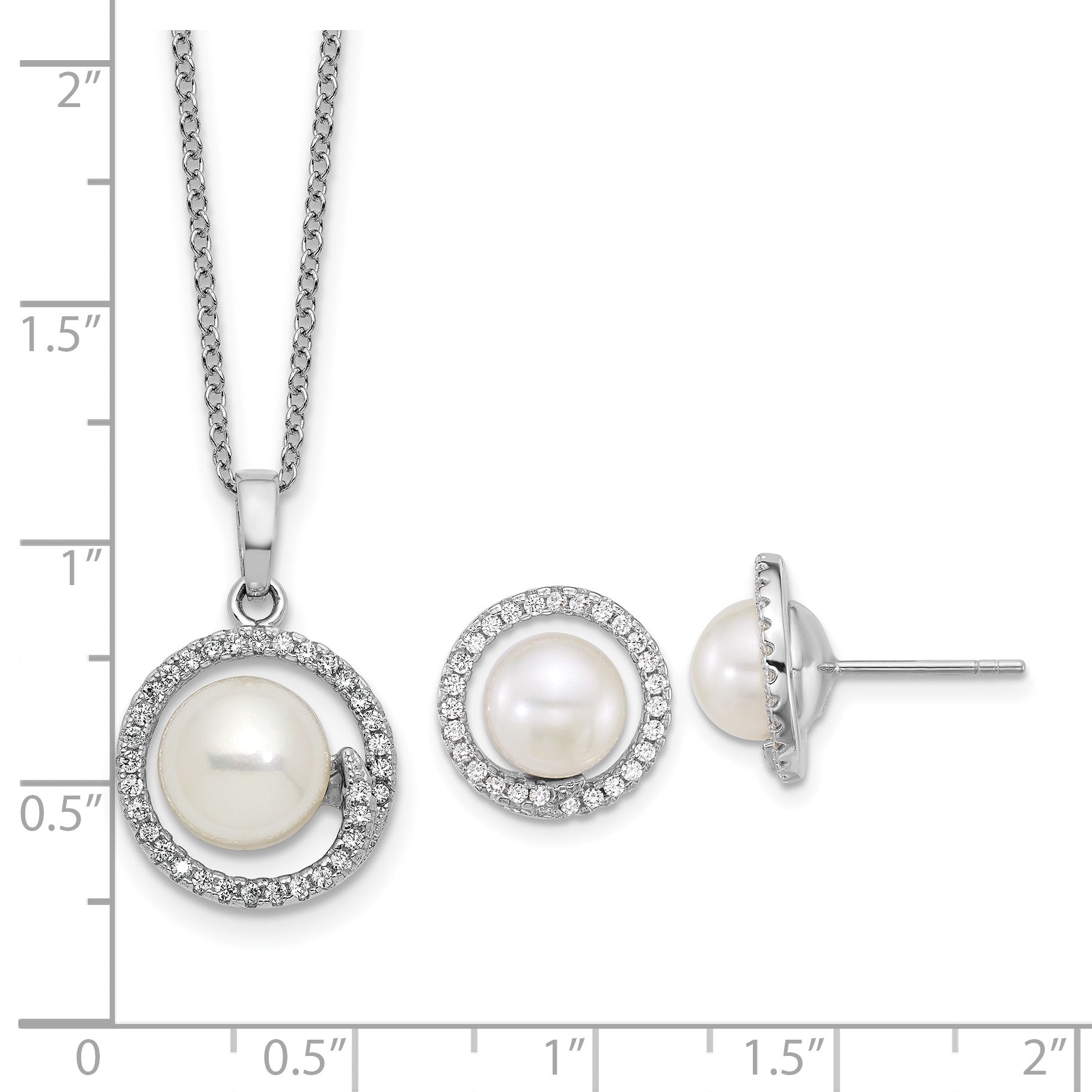 Sterling Silver Rhodium-plated 7-9mm Button White Freshwater Cultured Pearl and CZ Halo 17 inch Necklace and Post Earring Set