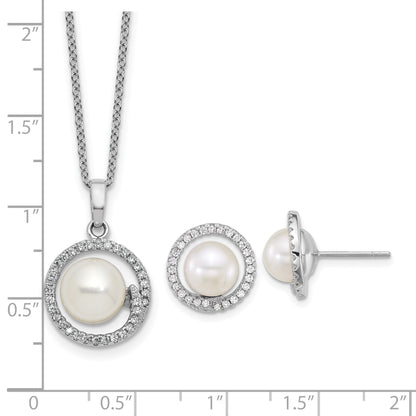 Sterling Silver Rhodium-plated 7-9mm Button White Freshwater Cultured Pearl and CZ Halo 17 inch Necklace and Post Earring Set