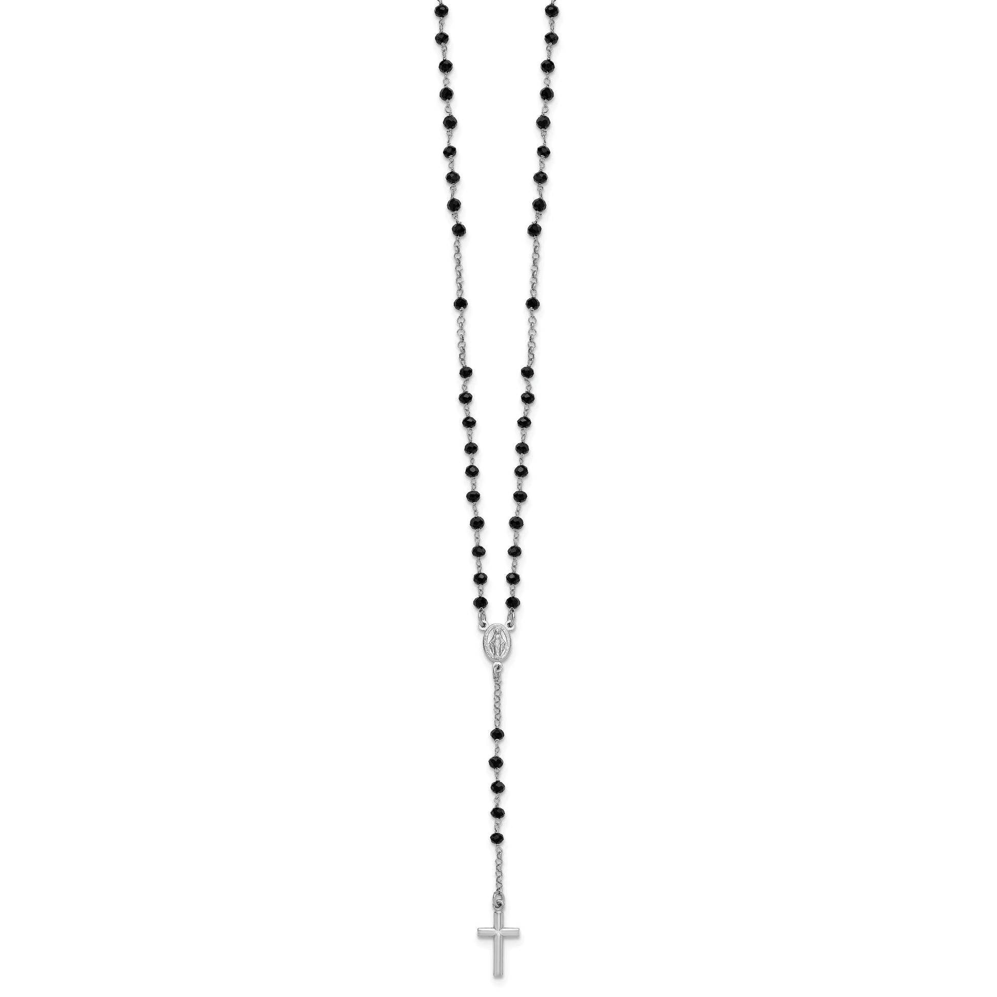 Sterling Silver Rhodium-plated Black Crystal 18.5 inch with 1 inch extender Rosary Necklace