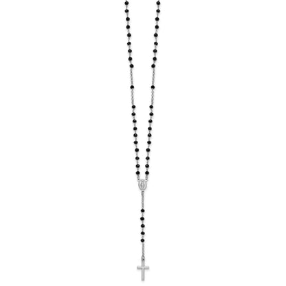Sterling Silver Rhodium-plated Black Crystal 18.5 inch with 1 inch extender Rosary Necklace