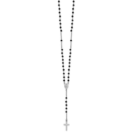 Sterling Silver Rhodium-plated Black Crystal 18.5 inch with 1 inch extender Rosary Necklace