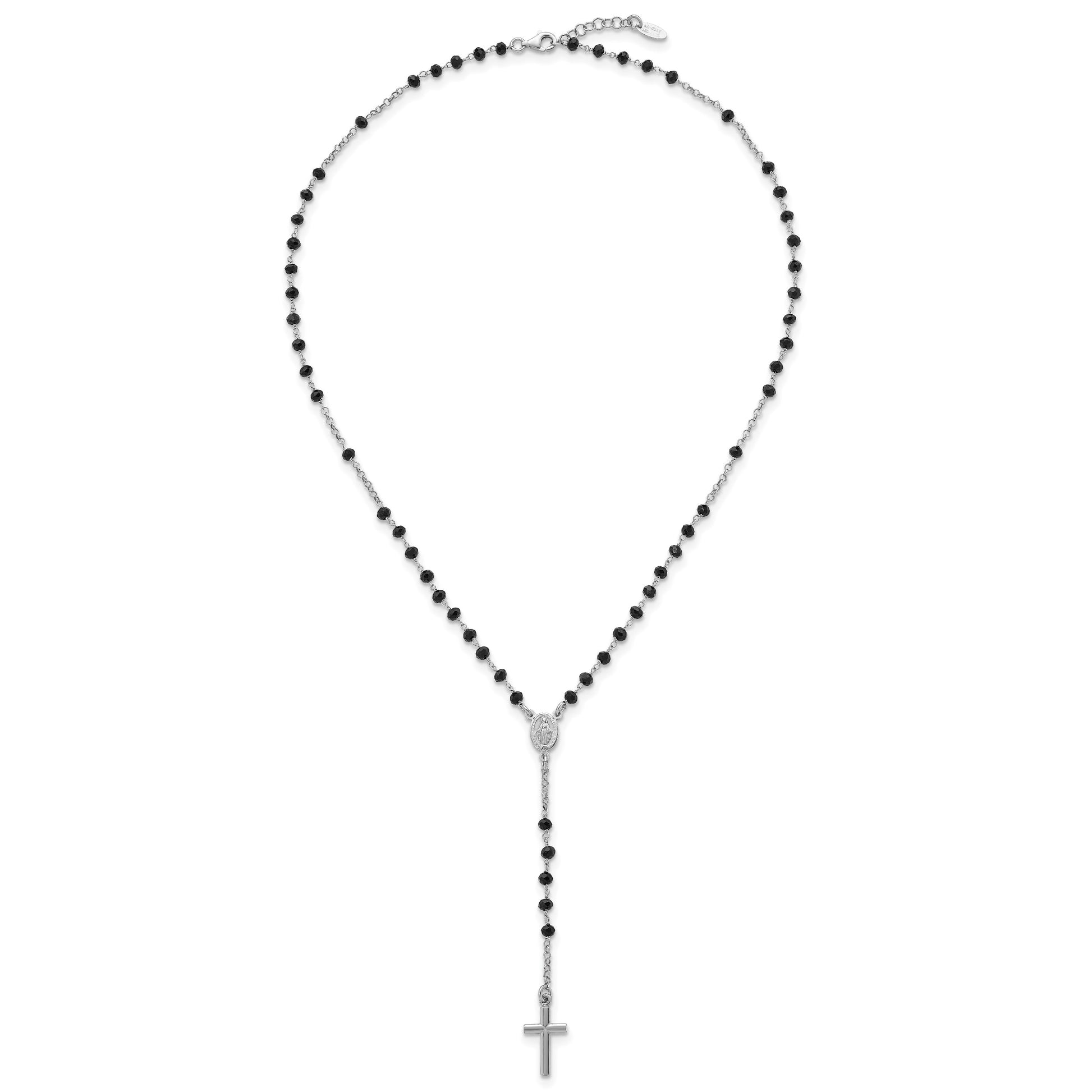 Sterling Silver Rhodium-plated Black Crystal 18.5 inch with 1 inch extender Rosary Necklace
