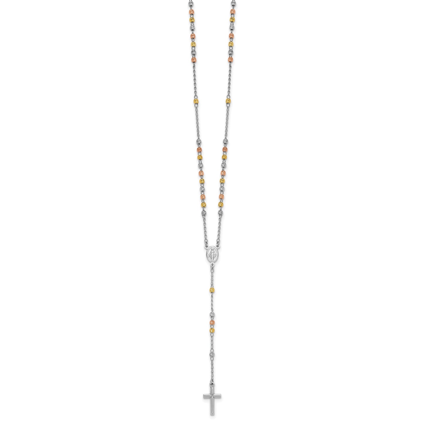 Sterling Silver Rhodium-plated Diamond-cut Tri-color Gold-plated 18.5 inch with 1 inch extender Rosary Necklace