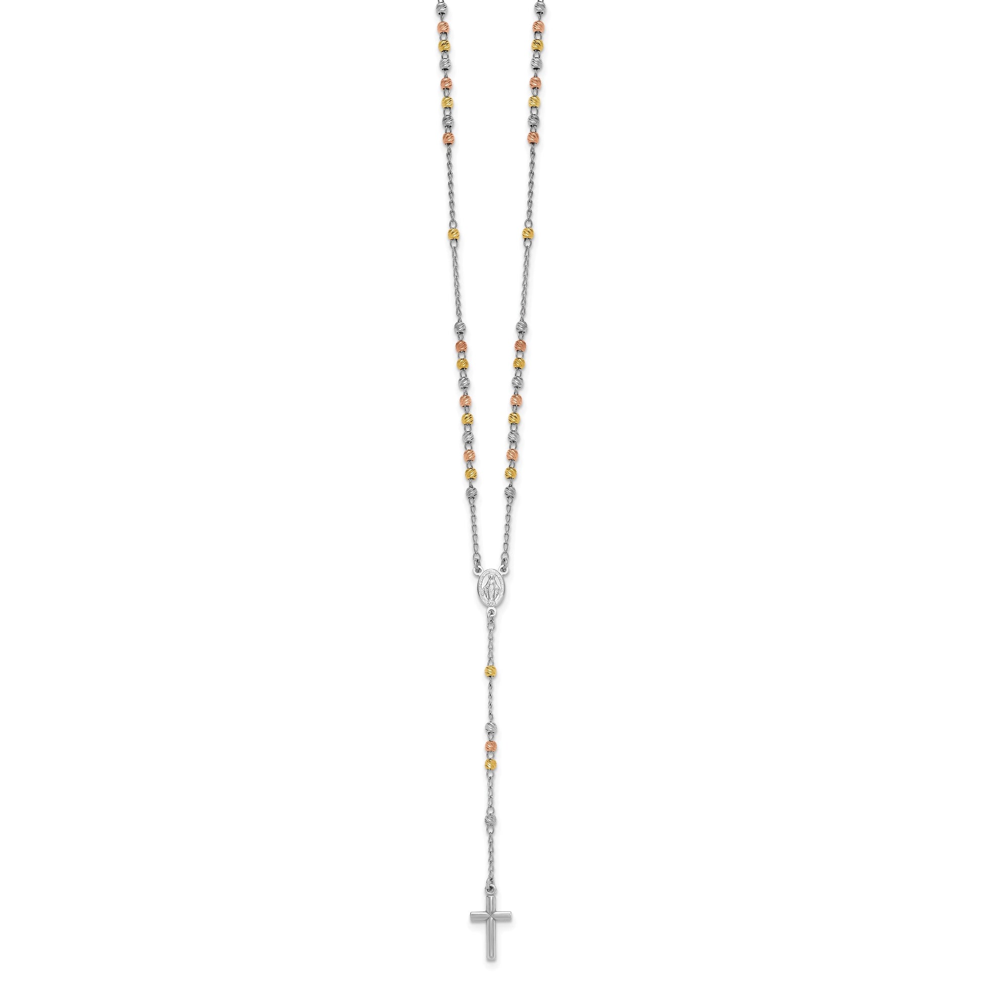 Sterling Silver Rhodium-plated Diamond-cut Tri-color Gold-plated 18.5 inch with 1 inch extender Rosary Necklace