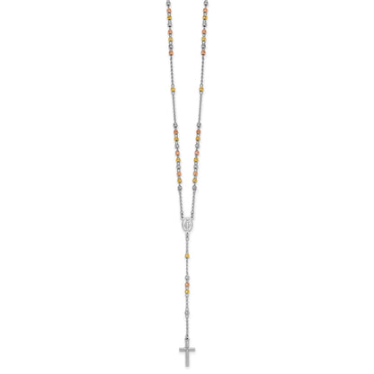 Sterling Silver Rhodium-plated Diamond-cut Tri-color Gold-plated 18.5 inch with 1 inch extender Rosary Necklace