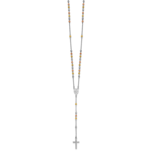 Sterling Silver Rhodium-plated Diamond-cut Tri-color Gold-plated 18.5 inch with 1 inch extender Rosary Necklace