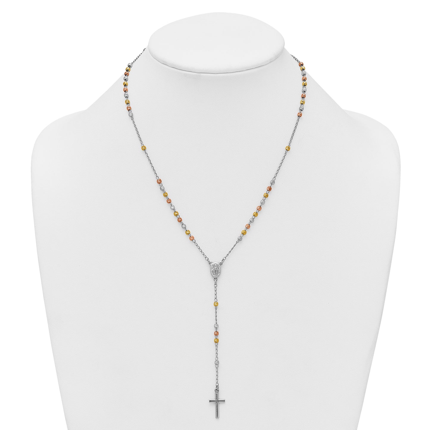 Sterling Silver Rhodium-plated Diamond-cut Tri-color Gold-plated 18.5 inch with 1 inch extender Rosary Necklace