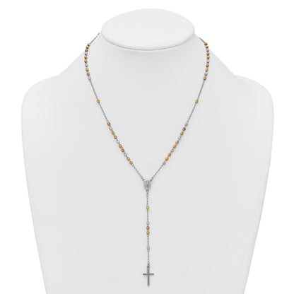 Sterling Silver Rhodium-plated Diamond-cut Tri-color Gold-plated 18.5 inch with 1 inch extender Rosary Necklace