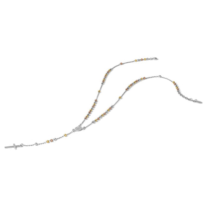 Sterling Silver Rhodium-plated Diamond-cut Tri-color Gold-plated 18.5 inch with 1 inch extender Rosary Necklace