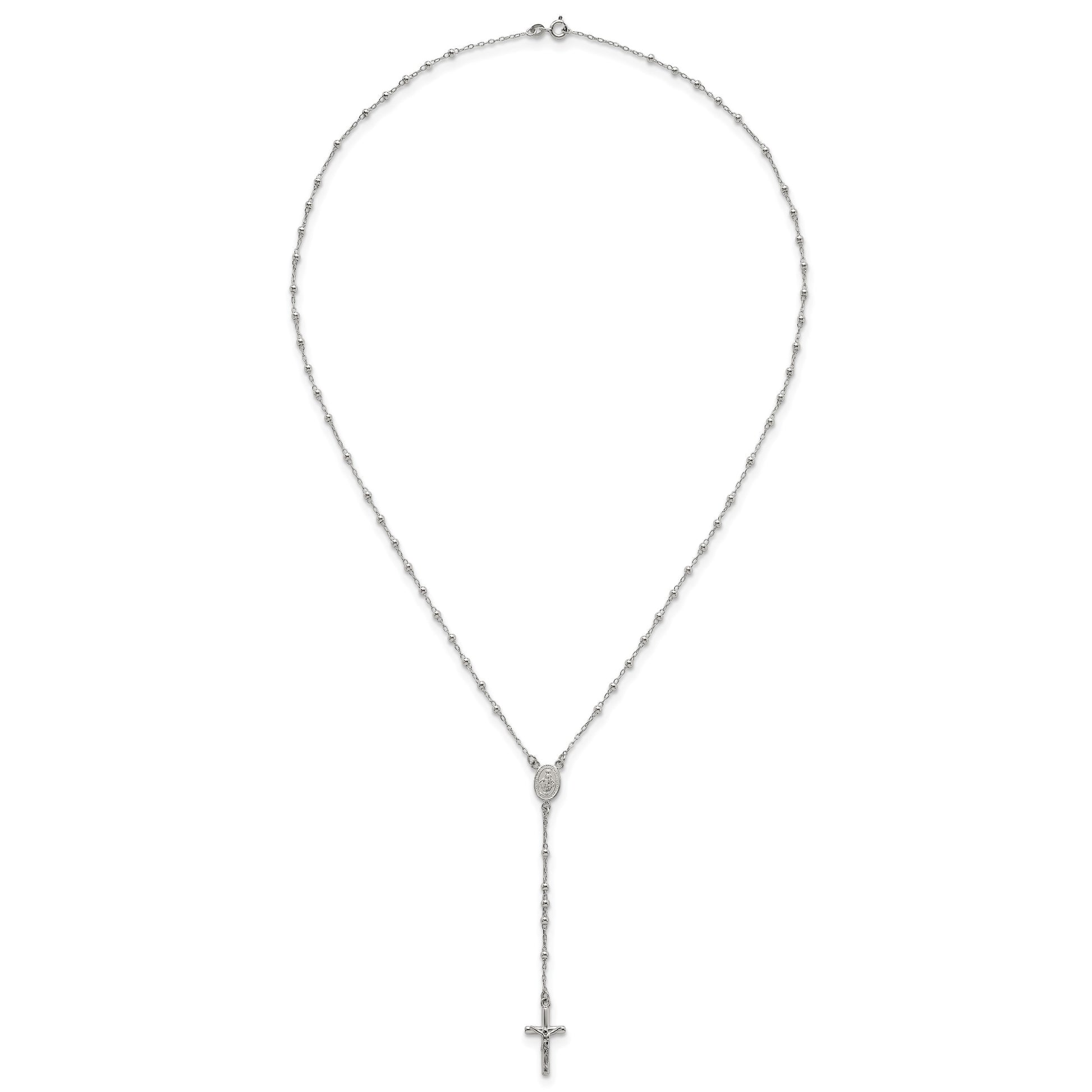 Sterling Silver Polished and Beaded Rosary 24 inch Necklace