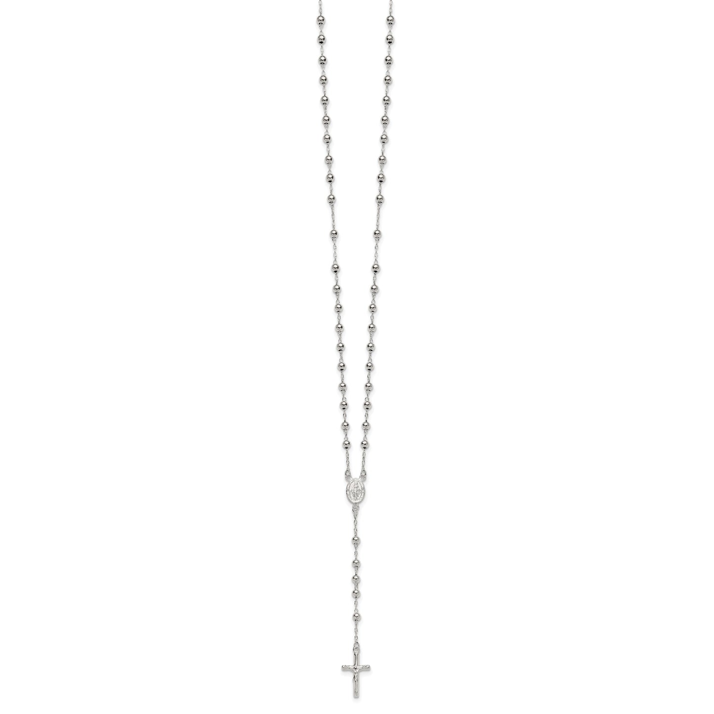 Sterling Silver Polished and Beaded Rosary 24 inch Necklace