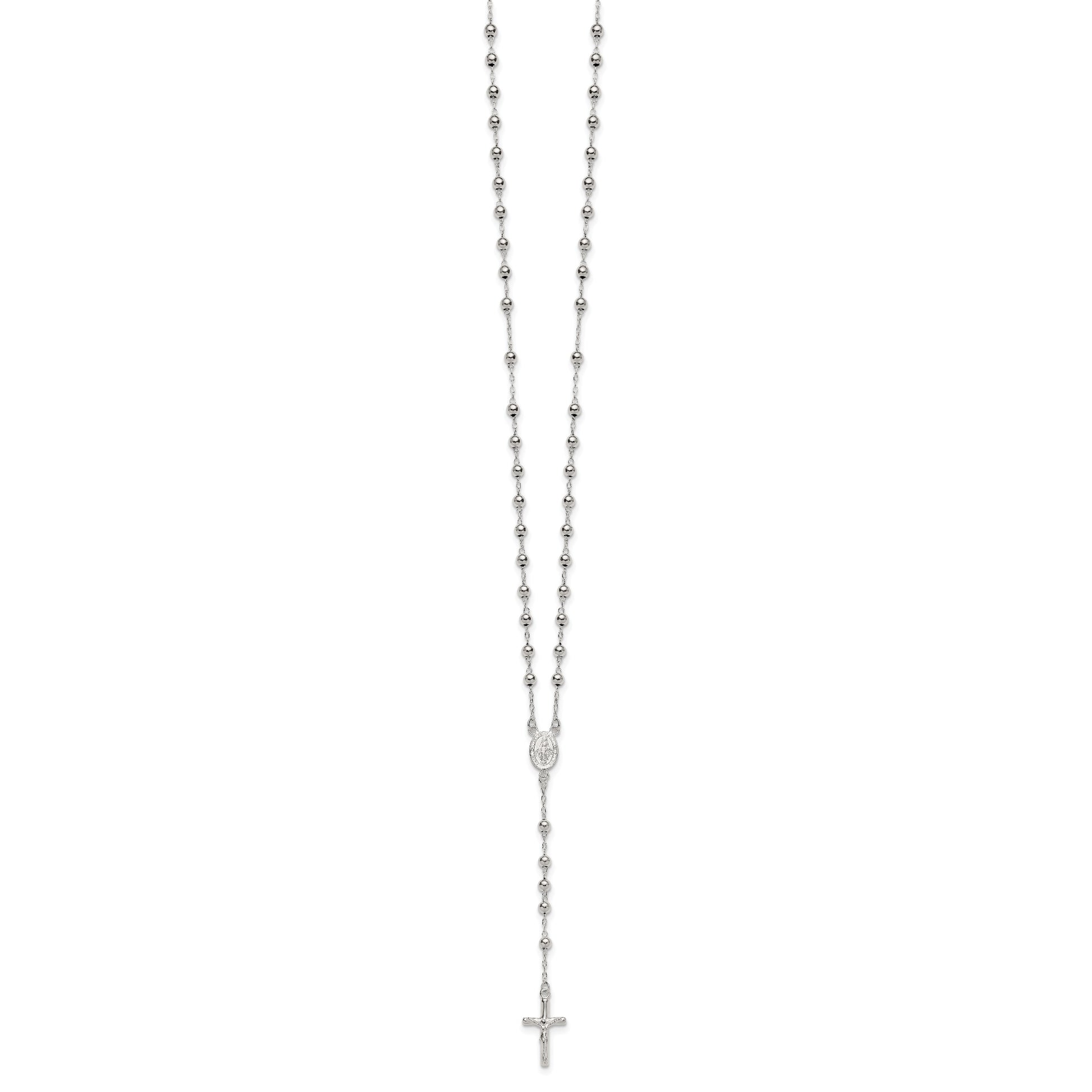 Sterling Silver Polished and Beaded Rosary 24 inch Necklace