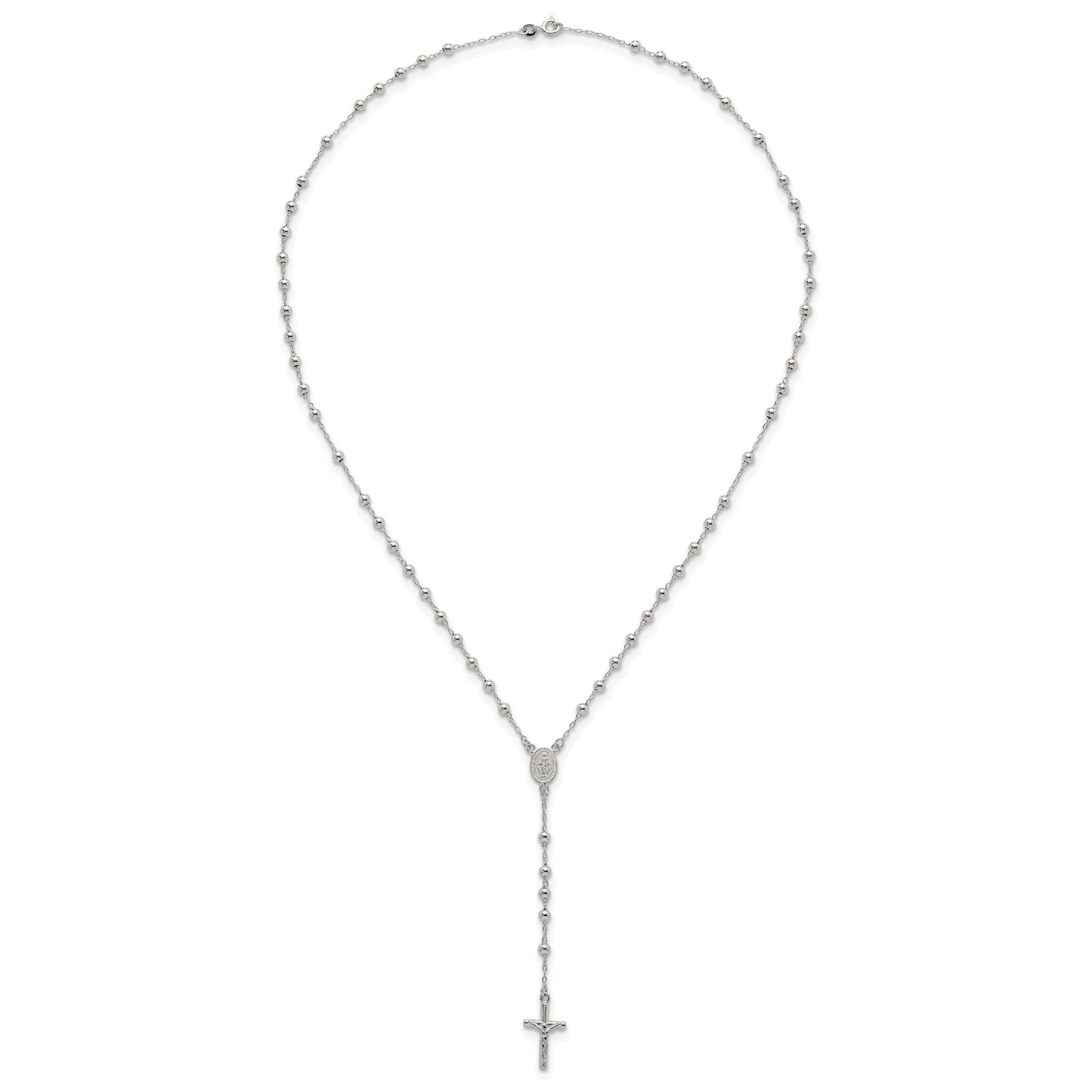 Sterling Silver Polished and Beaded Rosary 24 inch Necklace