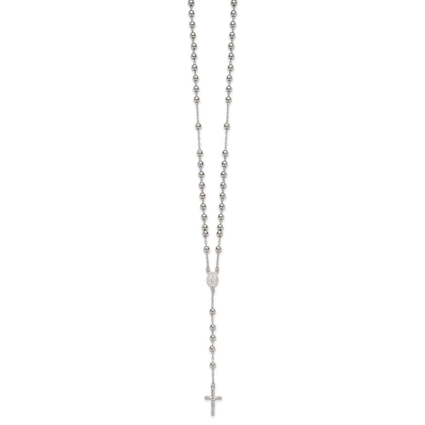 Sterling Silver Polished and Beaded Rosary 24 inch Necklace