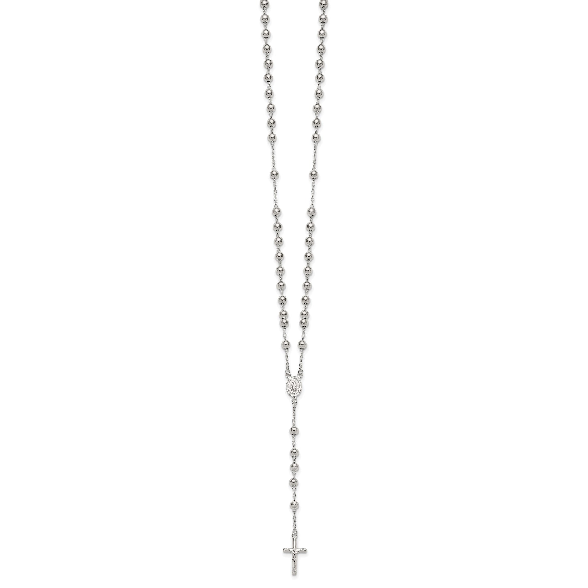 Sterling Silver Polished and Beaded Rosary 24 inch Necklace