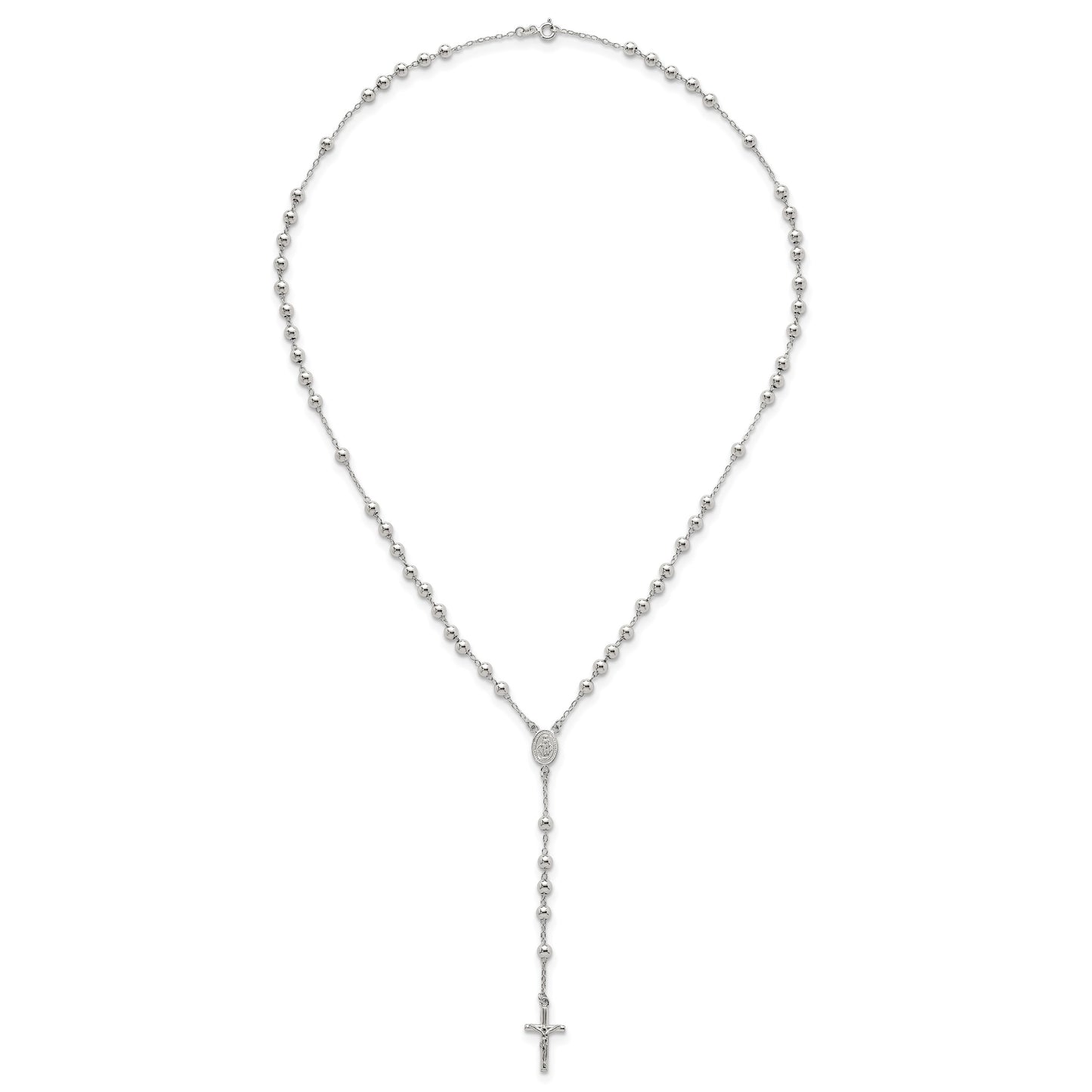 Sterling Silver Polished and Beaded Rosary 24 inch Necklace
