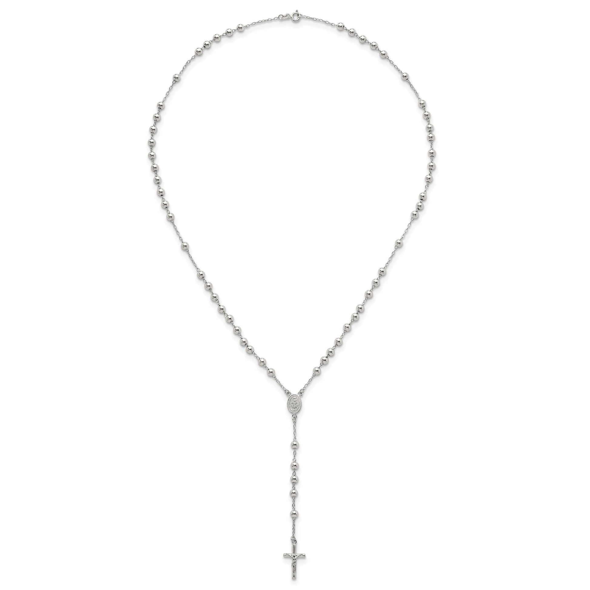 Sterling Silver Polished and Beaded Rosary 24 inch Necklace