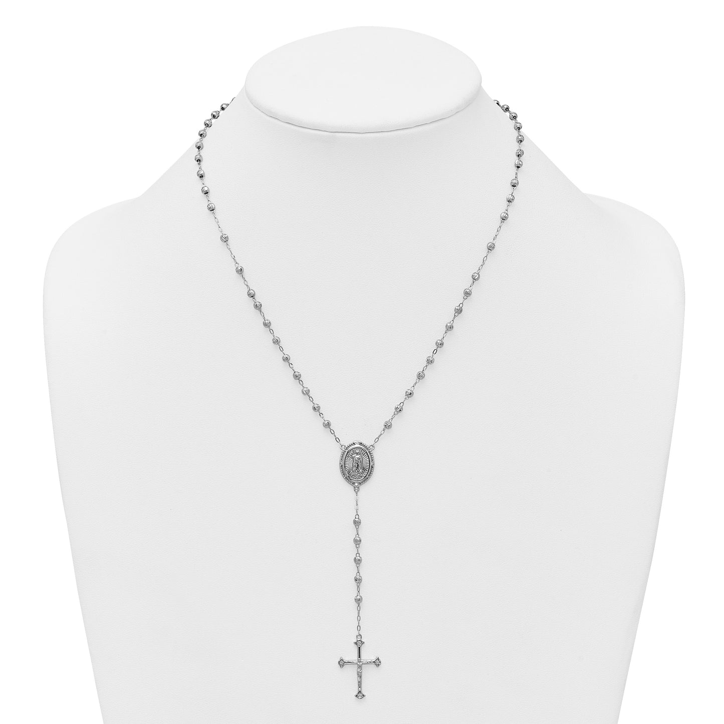 Sterling Silver Rhodium-plated CZ Diamond-cut Beaded 18 inch Rosary Necklace
