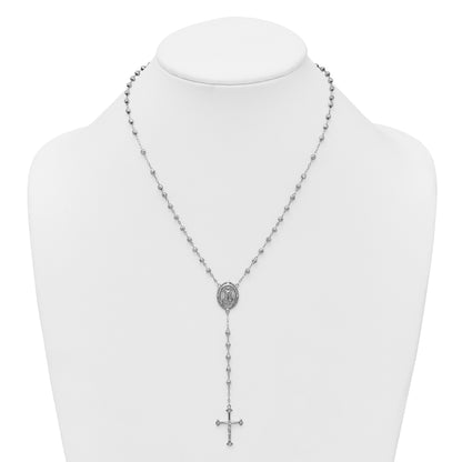 Sterling Silver Rhodium-plated CZ Diamond-cut Beaded 18 inch Rosary Necklace