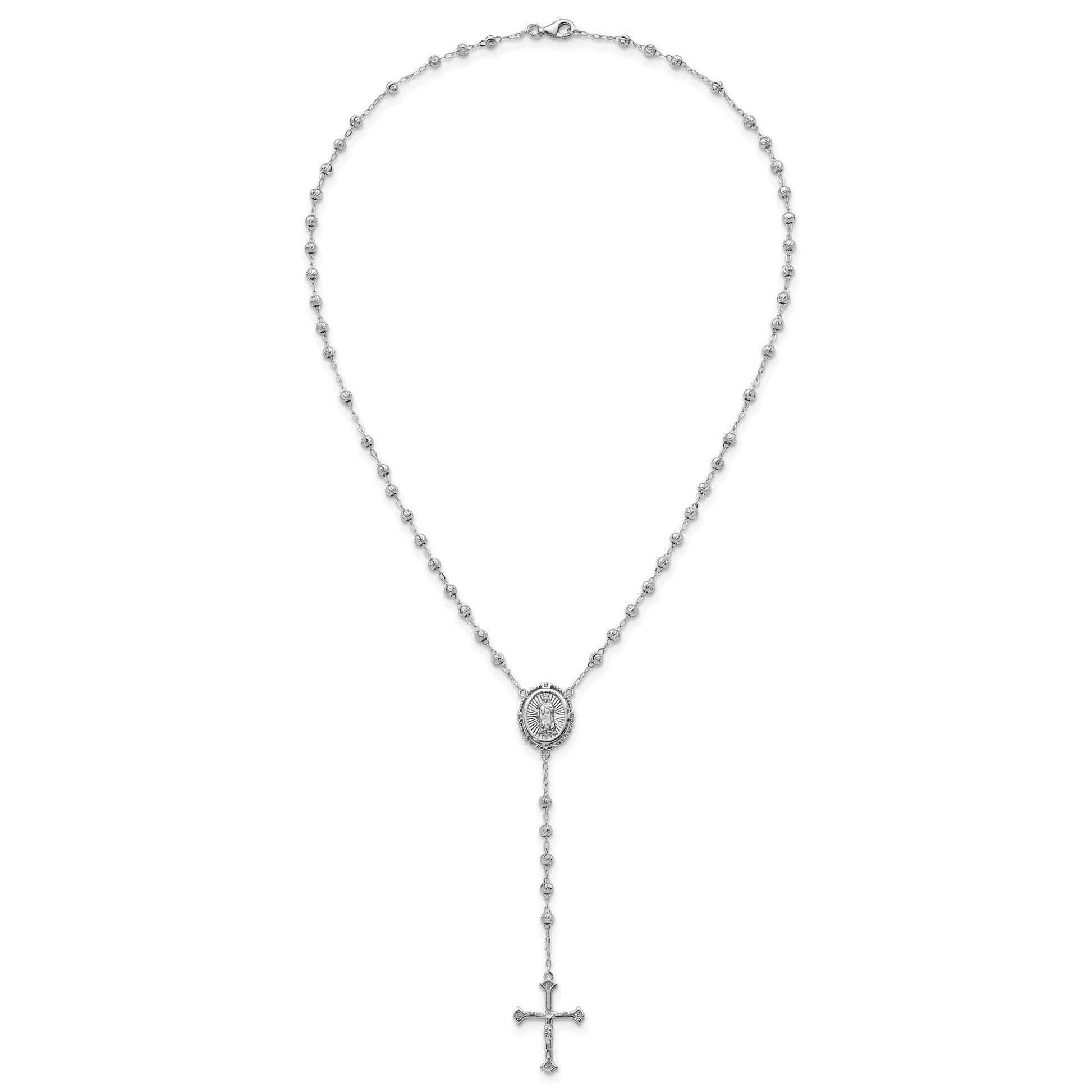 Sterling Silver Rhodium-plated CZ Diamond-cut Beaded 18 inch Rosary Necklace