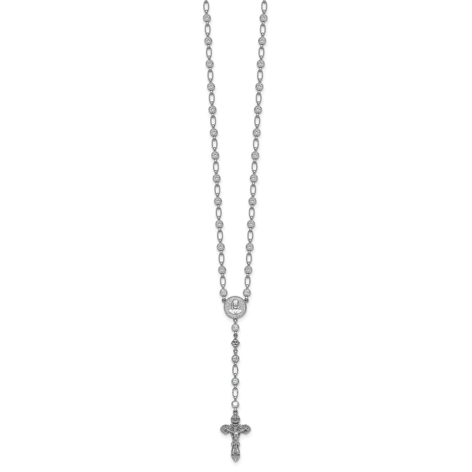 Sterling Silver Rhodium-plated Polished Round CZ 25.25 inch Rosary Necklace