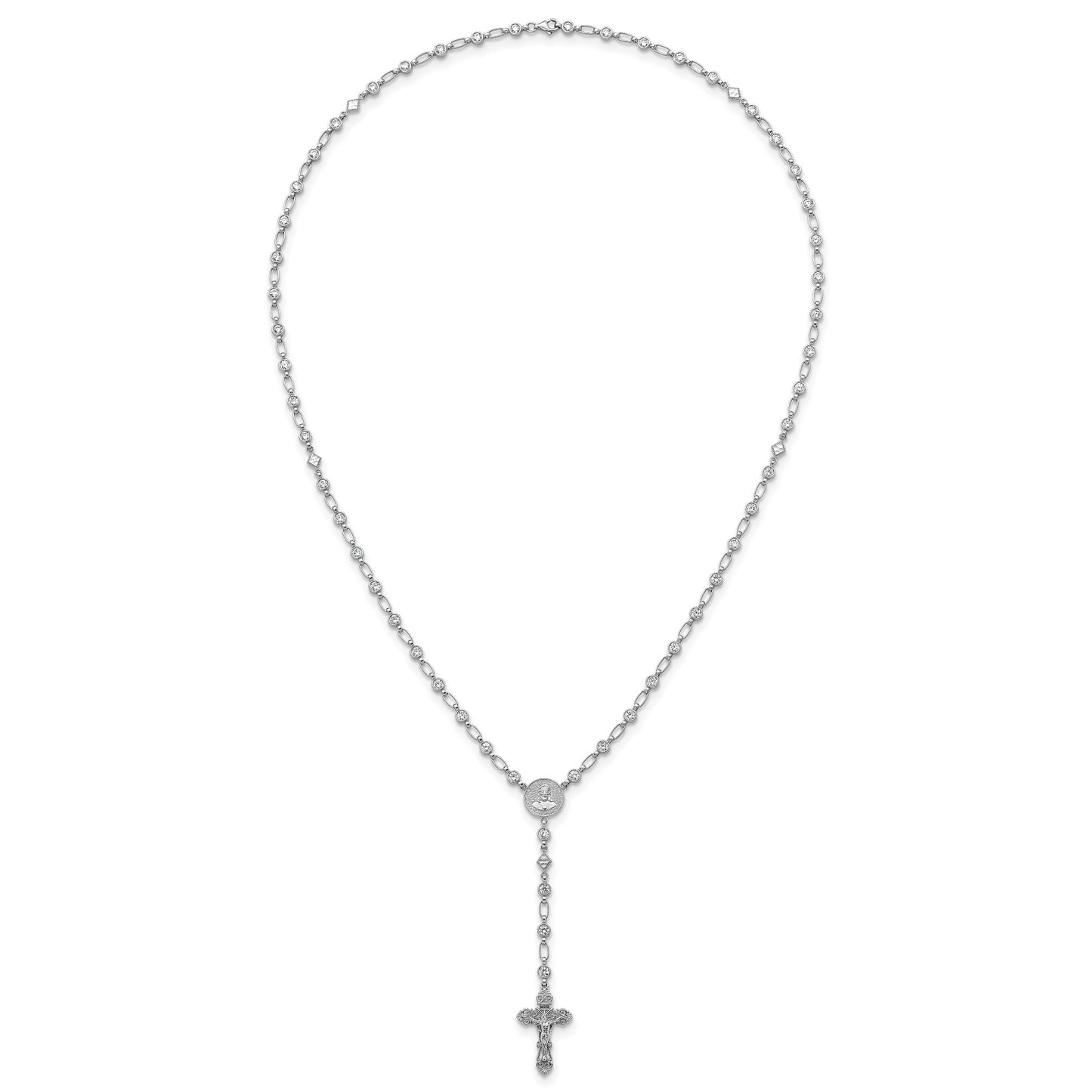 Sterling Silver Rhodium-plated Polished Round CZ 25.25 inch Rosary Necklace