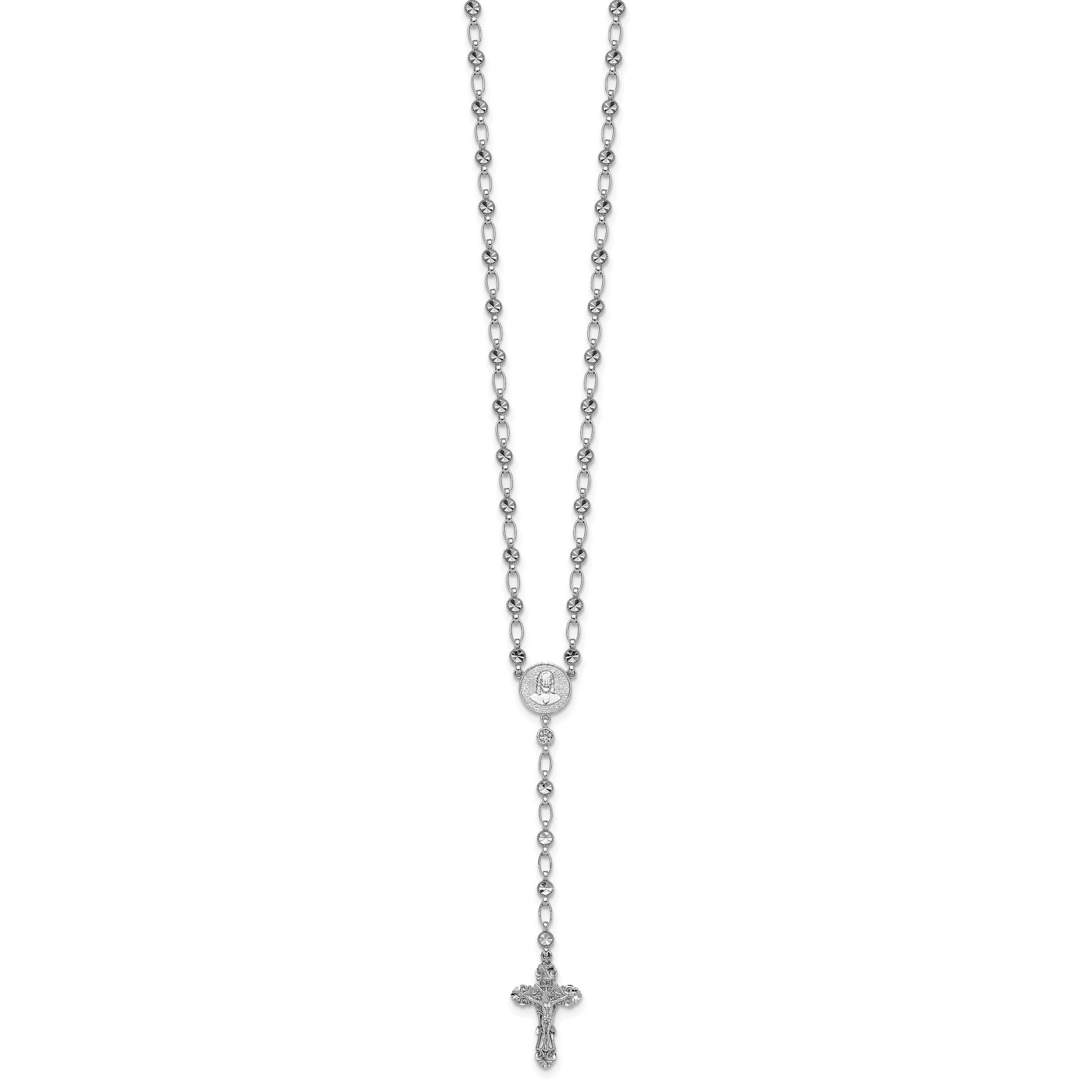 Sterling Silver Rhodium-plated Polished CZ and Diamond-cut Circles 25.5 inch Rosary Necklace
