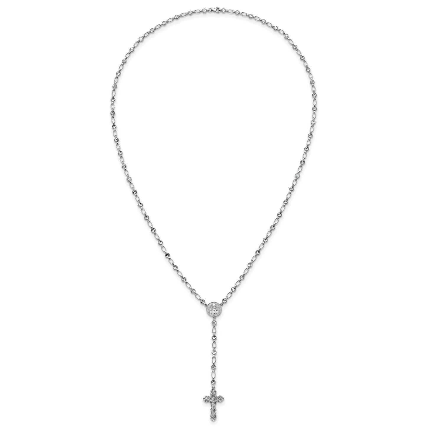 Sterling Silver Rhodium-plated Polished CZ and Diamond-cut Circles 25.5 inch Rosary Necklace