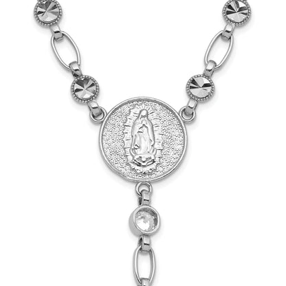 Sterling Silver Rhodium-plated Polished CZ and Diamond-cut Circles 25.5 inch Rosary Necklace