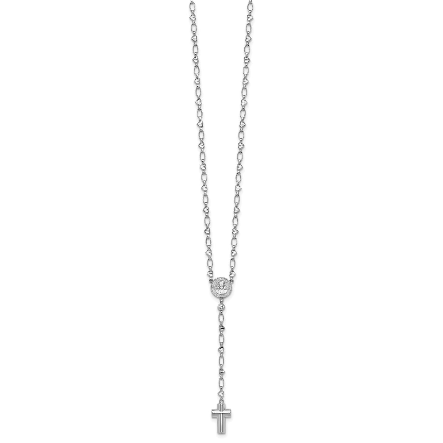 Sterling Silver Rhodium-plated CZ and Diamond-cut Heart Link with Cross Ash Holder 26.5 inch Rosary Necklace