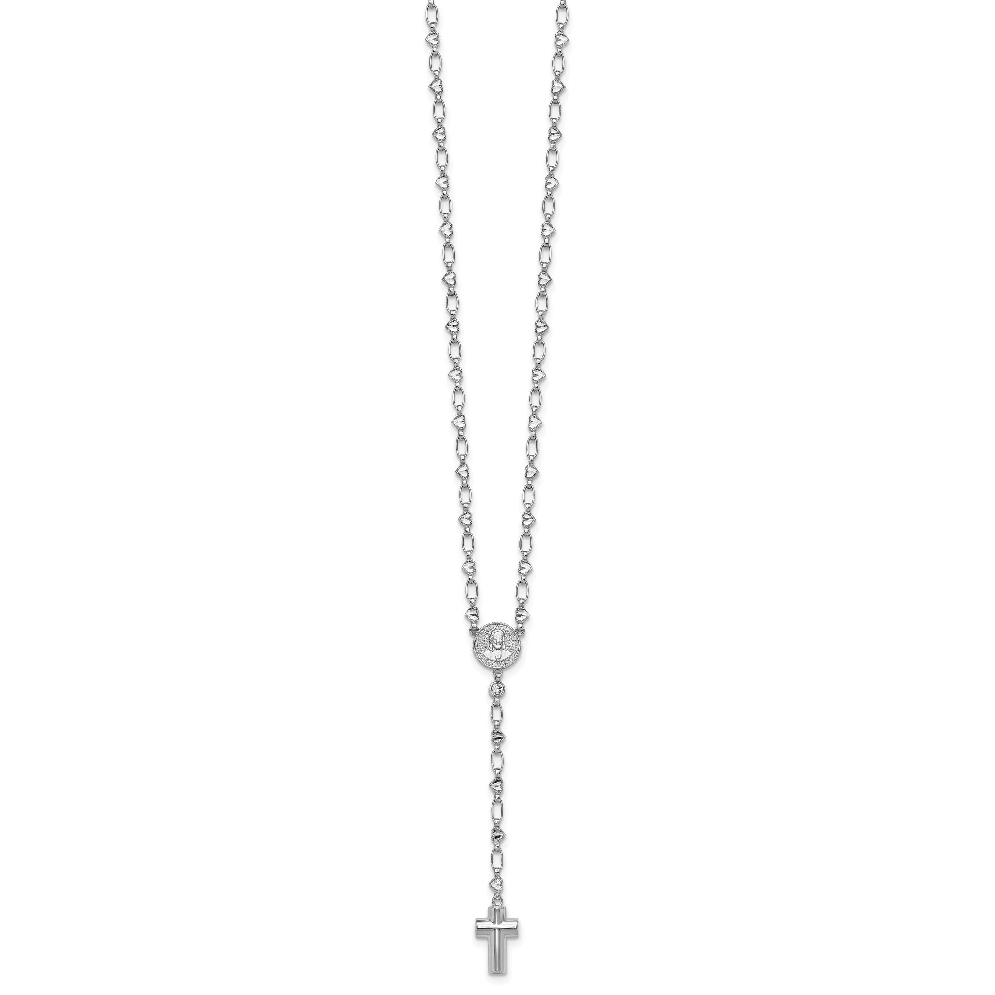 Sterling Silver Rhodium-plated CZ and Diamond-cut Heart Link with Cross Ash Holder 26.5 inch Rosary Necklace