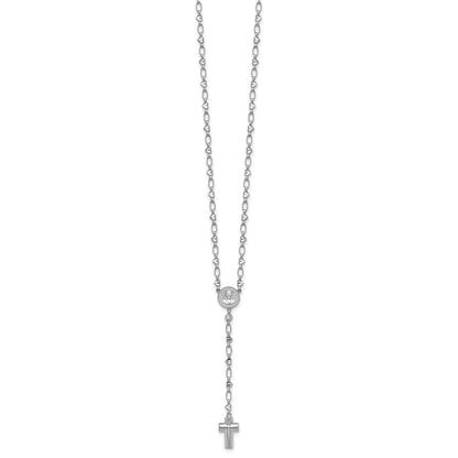 Sterling Silver Rhodium-plated CZ and Diamond-cut Heart Link with Cross Ash Holder 26.5 inch Rosary Necklace
