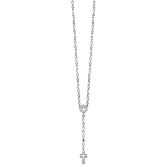 Sterling Silver Rhodium-plated CZ and Diamond-cut Heart Link with Cross Ash Holder 26.5 inch Rosary Necklace