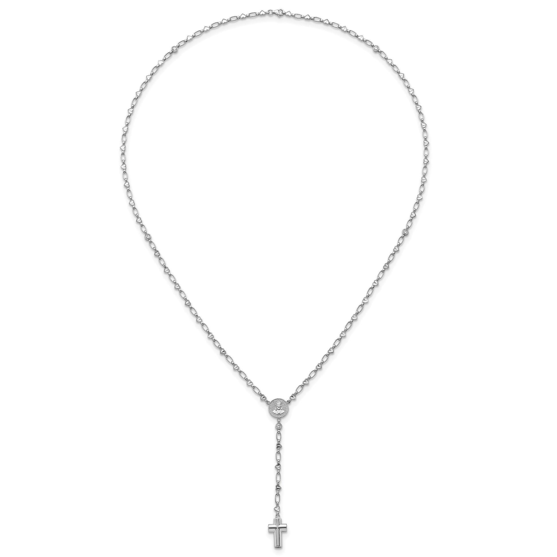 Sterling Silver Rhodium-plated CZ and Diamond-cut Heart Link with Cross Ash Holder 26.5 inch Rosary Necklace