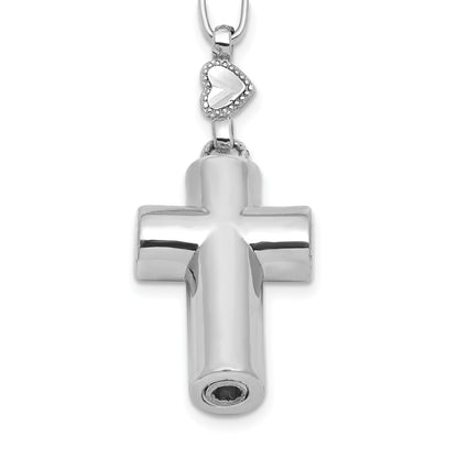 Sterling Silver Rhodium-plated CZ and Diamond-cut Heart and Cross Link with Cross Ash Holder 28.5 inch Rosary Necklace